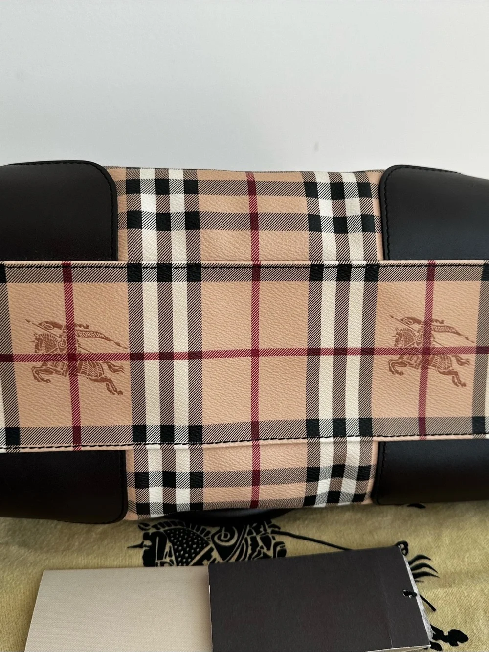Burberry Beige Vintage Check Satchel with Black Leather Trim